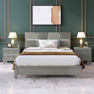 3 Pieces Champagne Silver Bedroom Sets with Queen Bed, 2 Nightstand