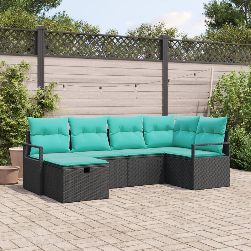 vidaXL 6/7 Piece Garden Sofa Set with Cushions Black Poly Rattan - 91.3×48×27.2 - Black/ Blue