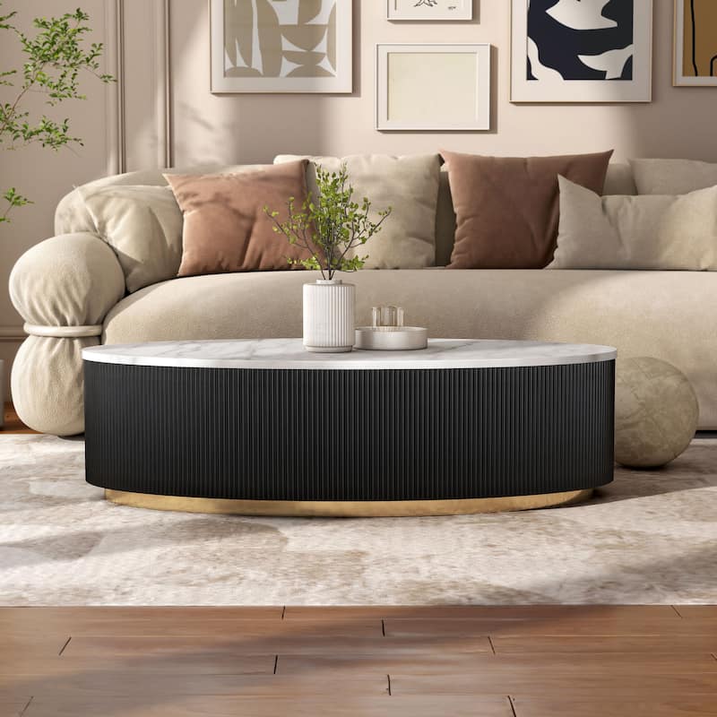 Furniture of America Torin Modern White and Black Genuine Marble Top Oval Coffee Table