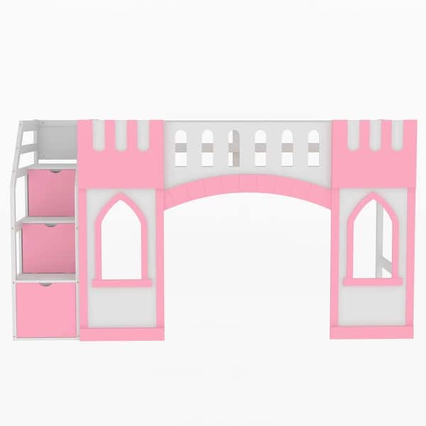 slide 2 of 20, Twin Size Wooden Loft Bed Frame with Storage Staircase and Window Pink - Twin