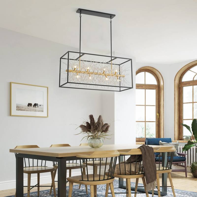 Farmhouse 12-Light Rectangle Metal Frame Kitchen Island Chandelier with Crystal Branch Inside