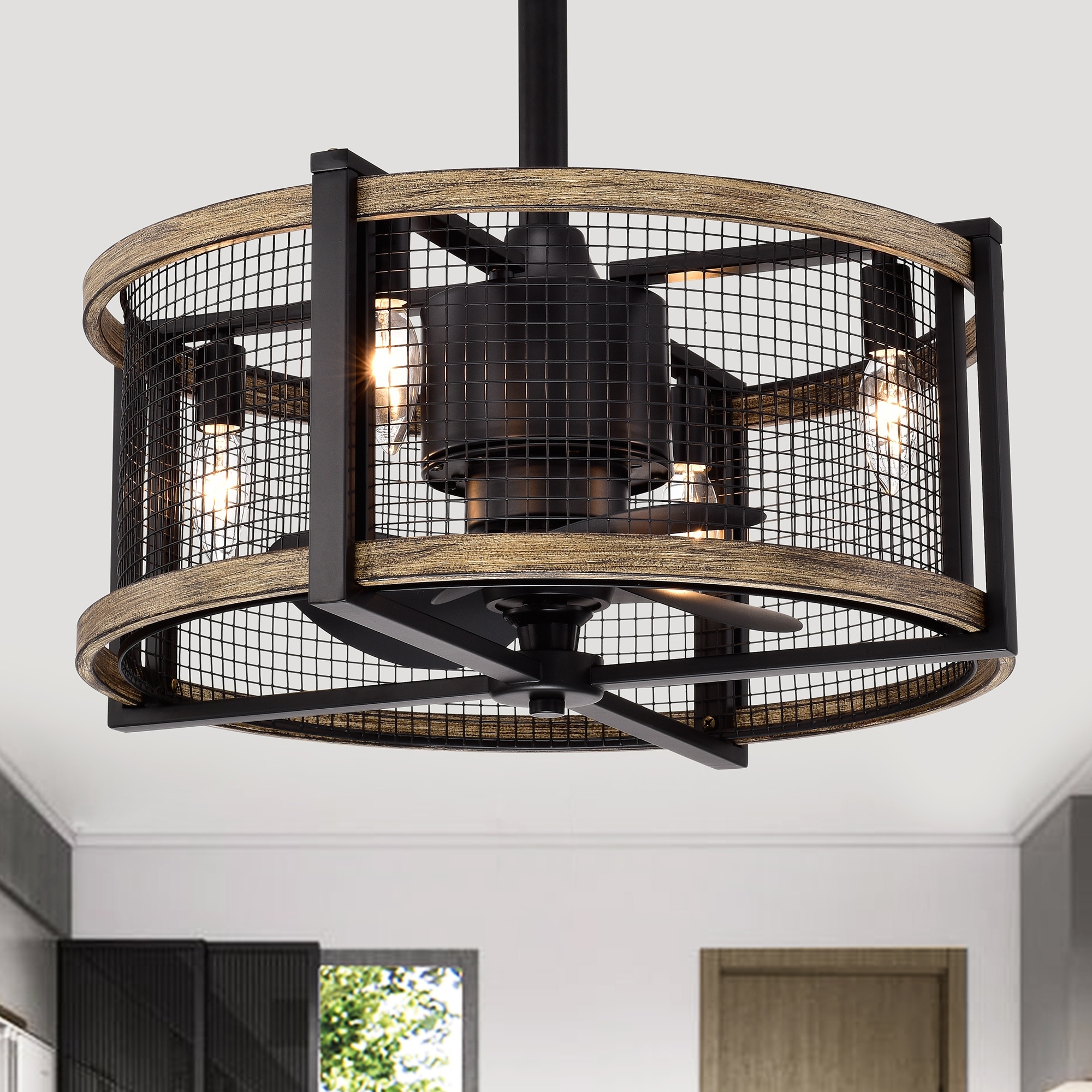Warehouse of Tiffany Blane Black/Wood Grain Metal 4-Light Ceiling Fan Chandelier w/ Remote