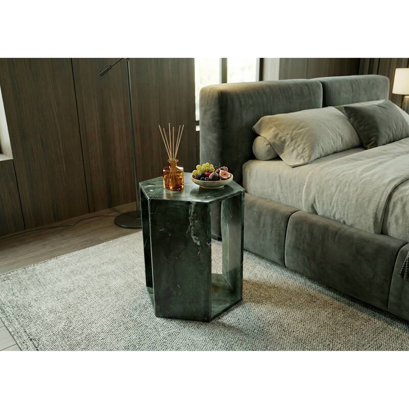 Roomfitters Luxury Natural Marble Hexagon Side Table, Solid Stone Geometric Pedestal End Table, Polished Finish
