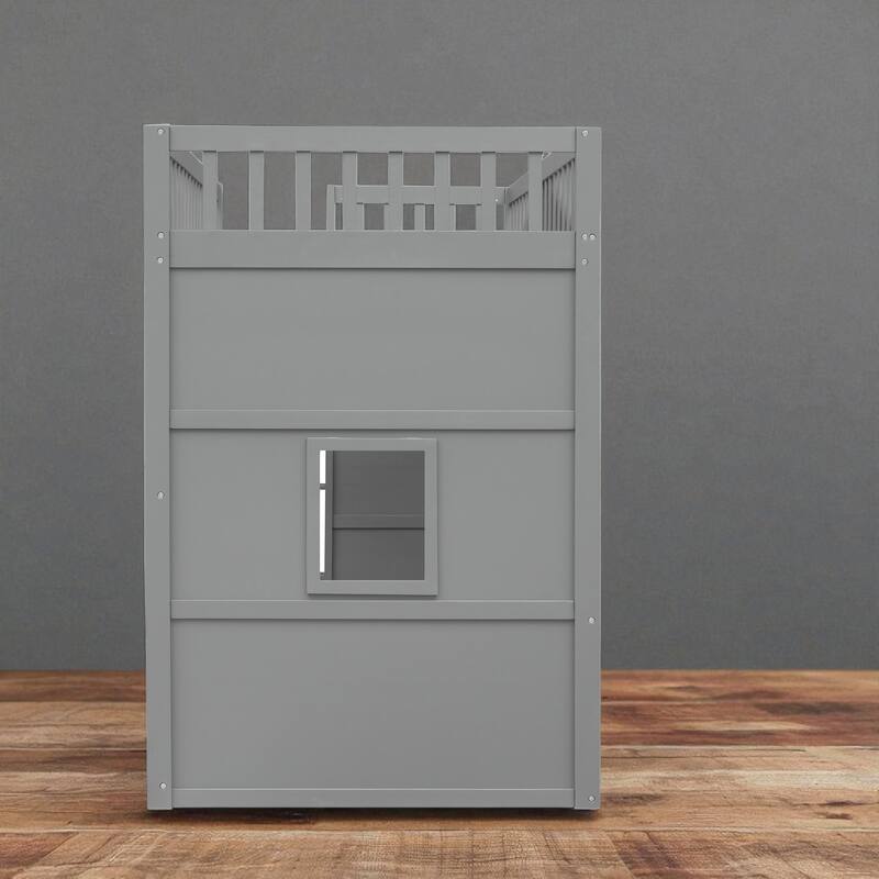 Twin/Full Size Wooden House Loft Bed with Guardrails and Slanted Ladder, No Box Spring Required