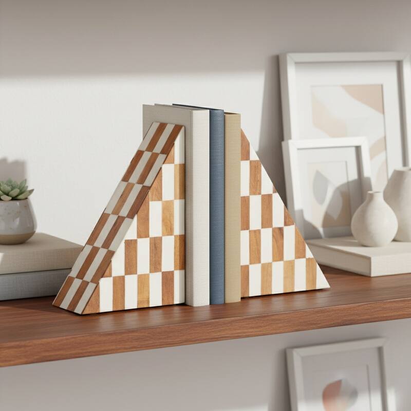 Decorative Resin Triangular Bookends with Checkered Pattern -7", Ivory - 7.0"