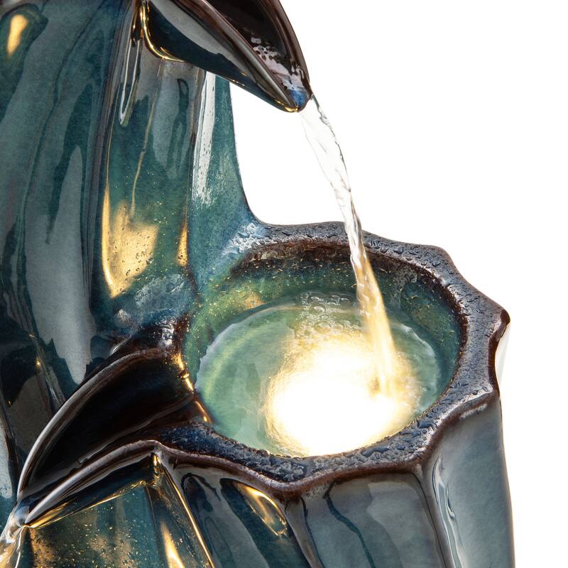 Glitzhome 29.5"H 4-Tiered Wavy Textured Outdoor Ceramic Floor Fountain with LED Light