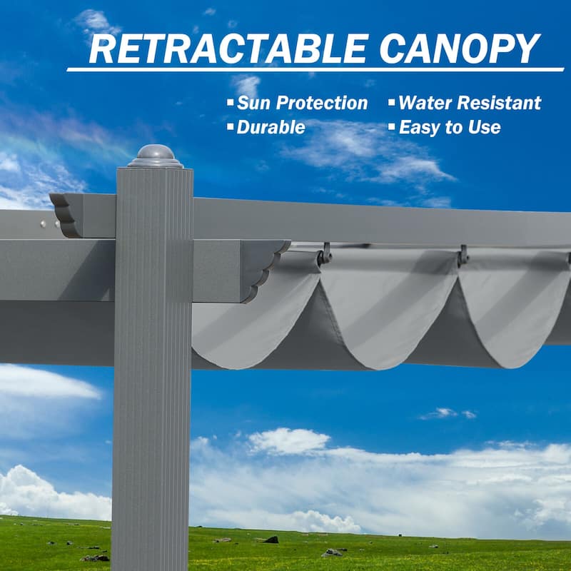 Aoodor Outdoor Pergola with Retractable Shade Canopy, Dark Gray Matte Aluminum Frame