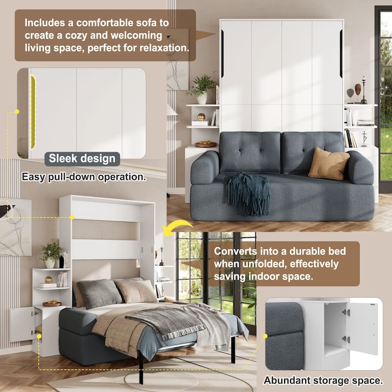 Queen Murphy Bed with Sofa Side Cabinets and Open Shelves