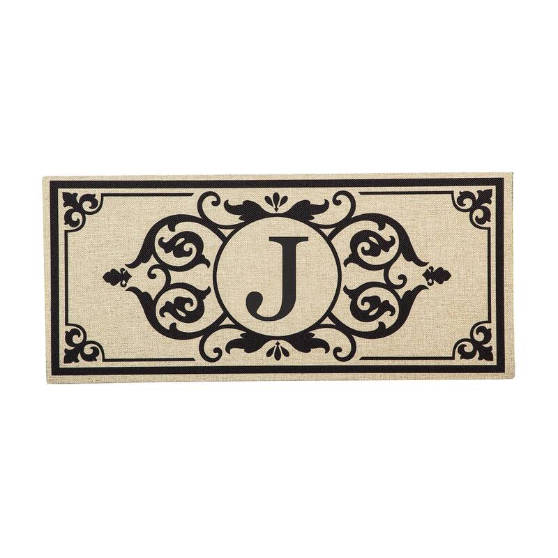 22 in. x 10 in. Cambridge Monogram Burlap Sassafras Switch Mat, Letter J