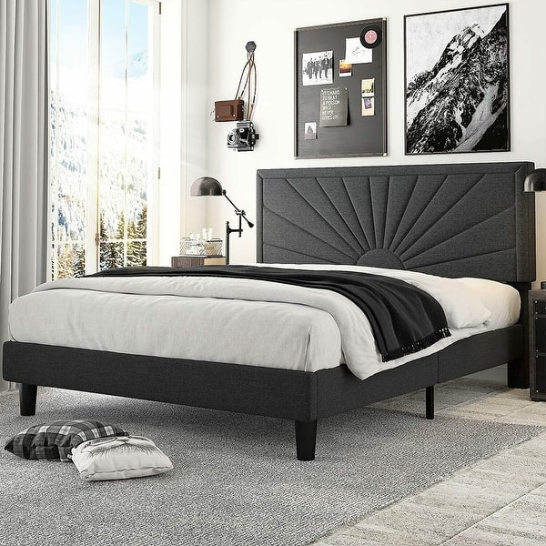 King Size Upholstered Bed Frame with Sunrise Headboard, Dark Grey Bed