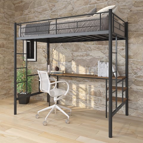 Nestfair Black Twin Size Loft Bed with Desk and Shelves