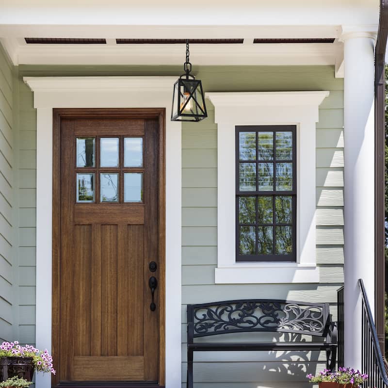 Bern 1-Light Black Lantern Outdoor Light Hanging Pendant with Seeded Glass for Porch - L 5.5"x W 4.5"x H 70"