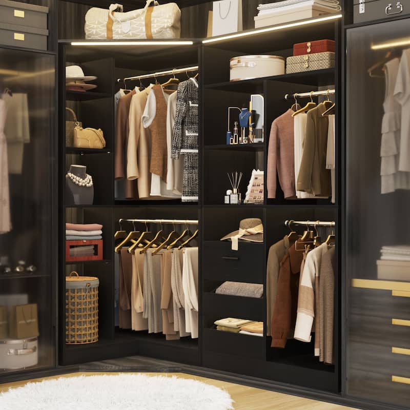 Qvella Set of 2 Corner Closet System with Drawers and Hanging Rods,72 Inches Wide Closet Organizer for Walk-in Closet