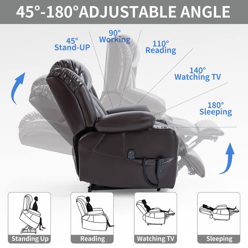 Faux Leather Power Lift Recliner Chair with Massage, Heat, Dual Motors, and Cup Holders