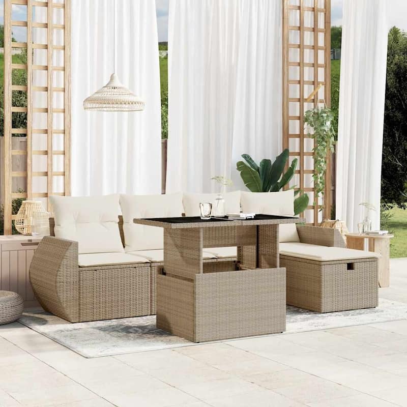 vidaXL Patio Sofa Set with Cushions Outdoor Furniture 6 Piece Poly Rattan - Beige and cream - 21.7 x 39.4 x 28.7 in