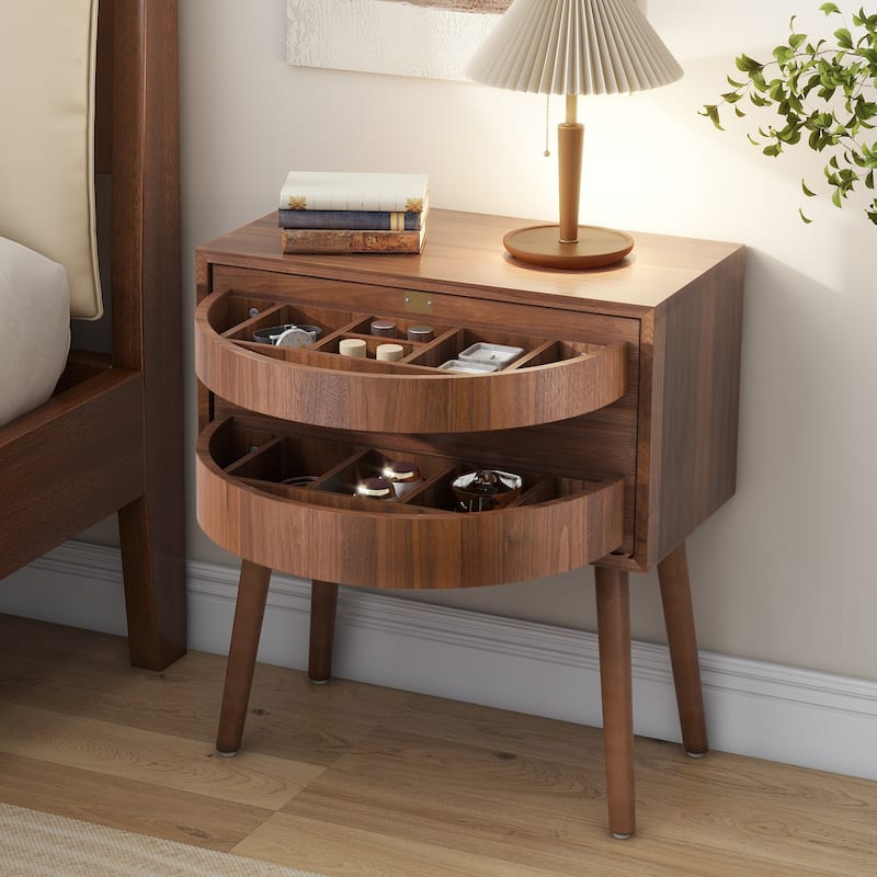 Mid-Century Modern Rotating Hidden Compartment Rattan Nightstand - Walnut