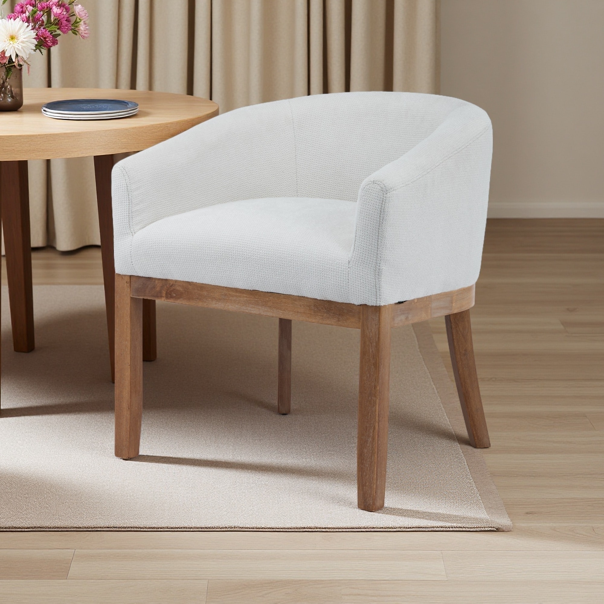 27.9"H Upholstered Barrel Arm Dining Chair with Linen Fabric & Rubberwood Frame