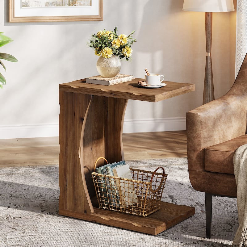 C-shaped End Table for Living Room, Solid Wood Side Table for Couch - 13.78" D x 19.69" W x 23.62" H