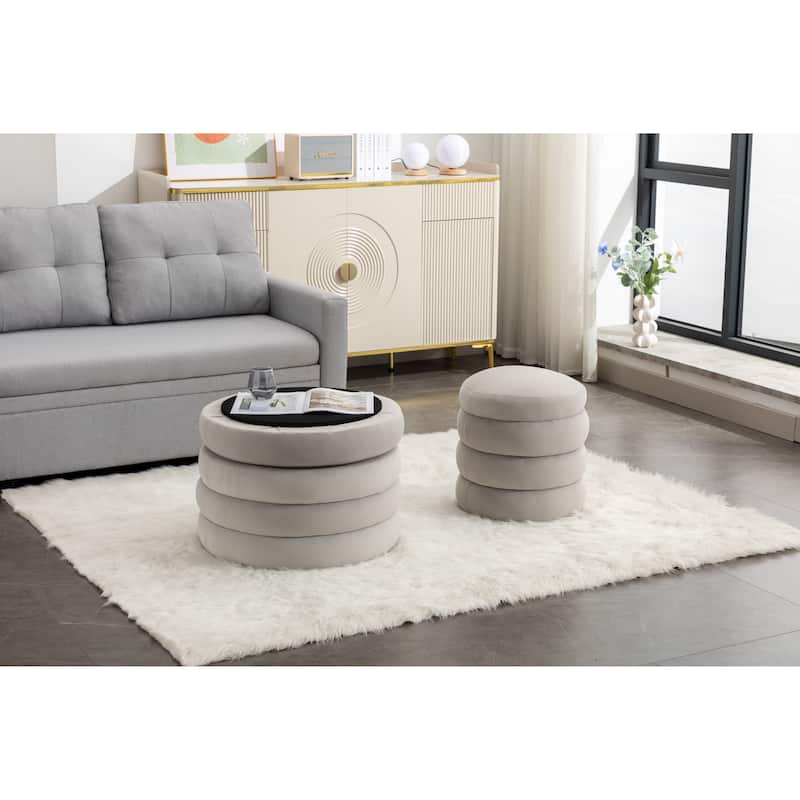 Round Storage Ottoman Footstool, Boucle Fabric Upholstered Vanity Stool, Small Ottomans Table with Removable Lid