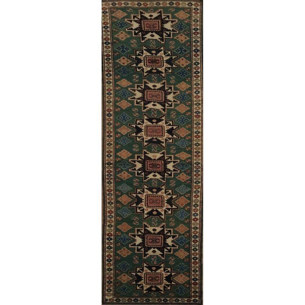 Hand Knotted Oriental 100% Wool Carpet Traditional Geometric Green Super Kazak Runner Rug - 9' 8'' X 2' 9''