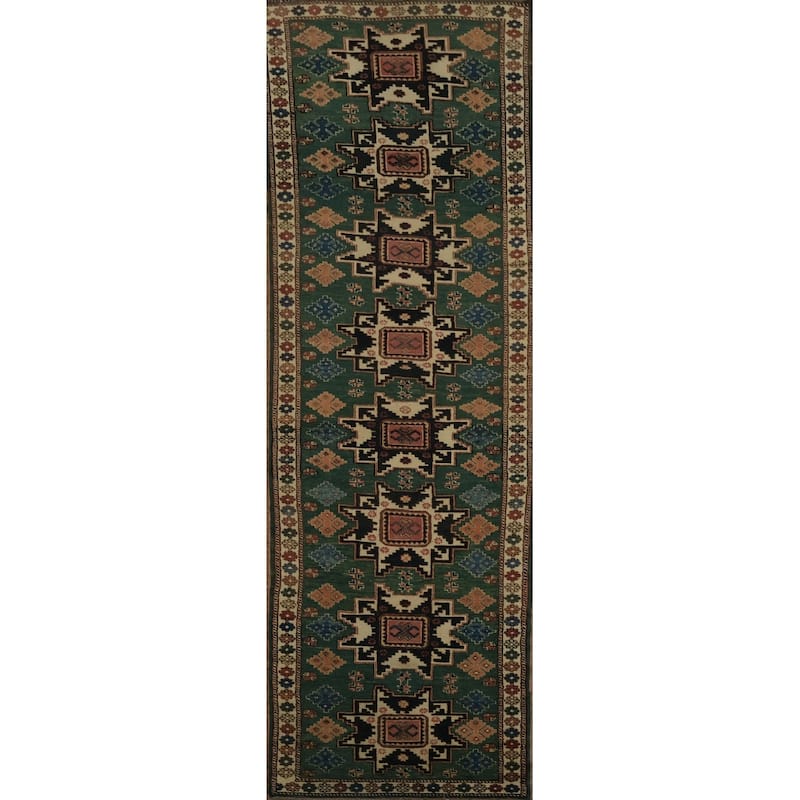 Hand Knotted Oriental 100% Wool Carpet Traditional Geometric Green Super Kazak Runner Rug - 9' 8'' X 2' 9''