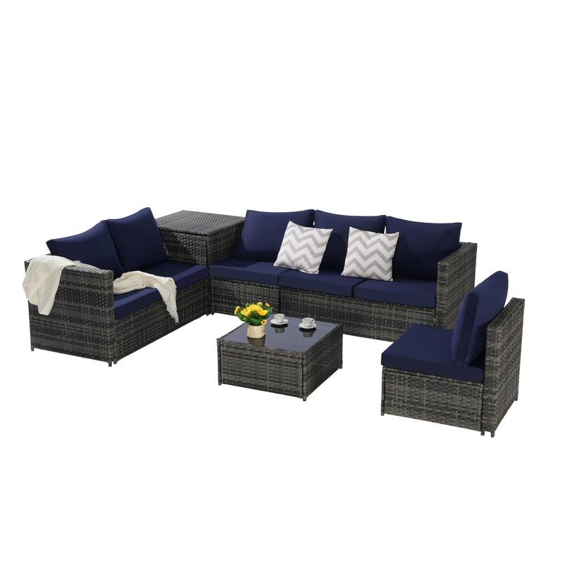 6-Piece Outdoor Patio Wicker Sectional Sofa Set with Corner Table & Glass Top Table