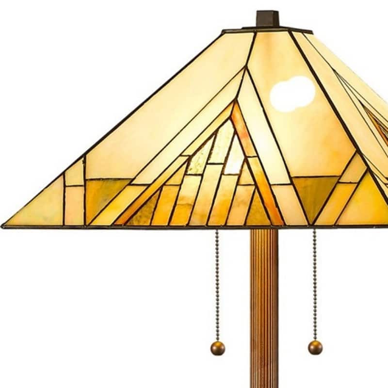 Beige Metal Torchiere Floor Lamp with Stained Glass Empire Shade - 17” x 17” x 62” (D x W x H)