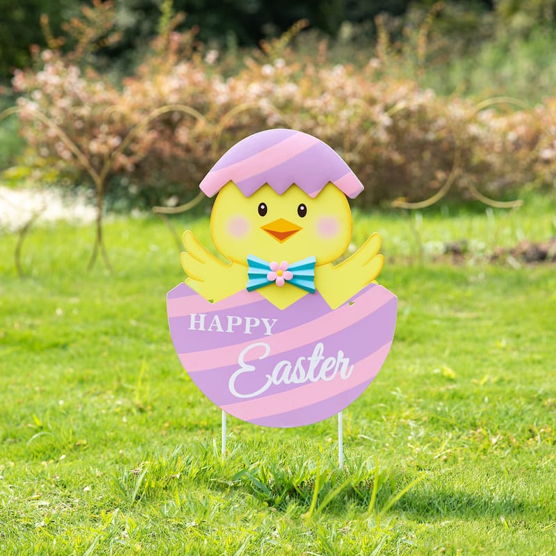 Glitzhome Easter Metal Bunny Chick Egg Yard Stakes Wall Decor Indoor Outdoor - 24" - Chick