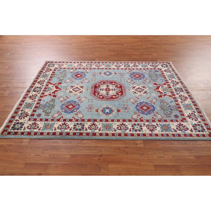Light Blue Geometric Kazak Rug Handmade Wool Carpet - 4'11" x 6'6"