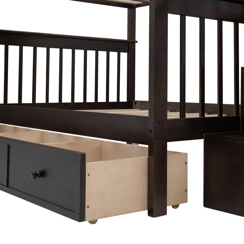 Wood Stairway Bunk Beds with 3 Under Bed Drawers, Storage Staircase and Guard Rail, Solid Wood Bedframe for Bedroom/Dorm