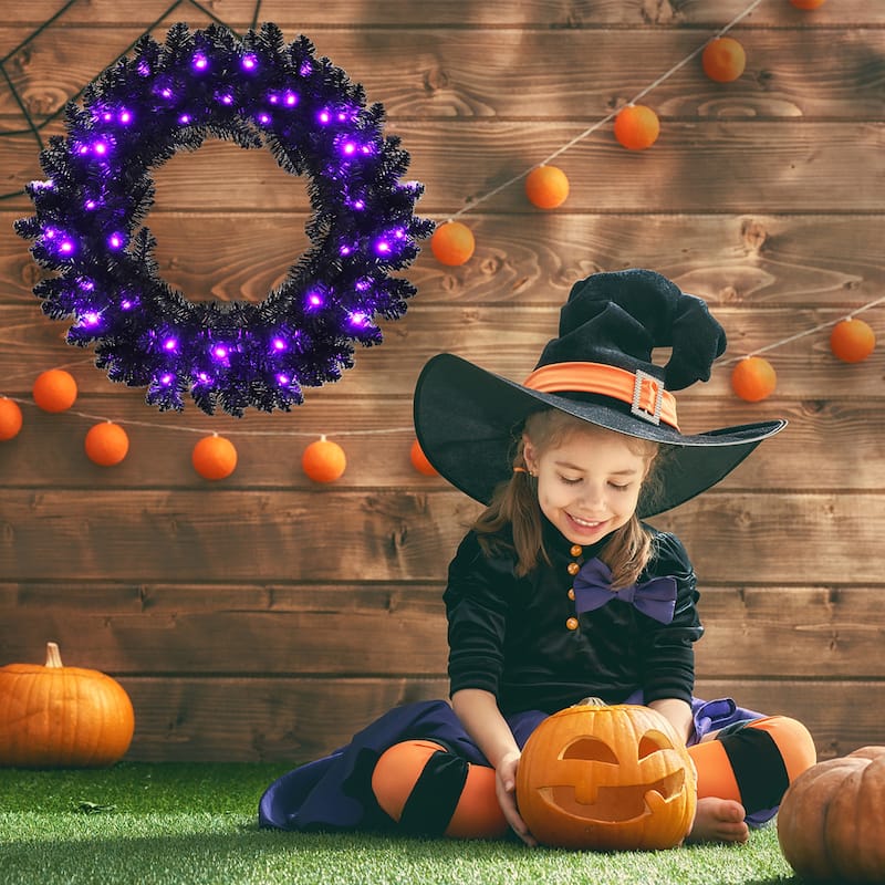 Halloween Wreath Artificial Christmas Wreath with 35 Purple LED Lights