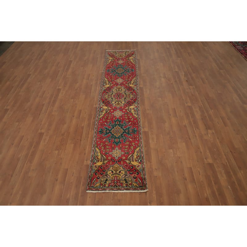 Hand Knotted Oriental 100% Wool Carpet Traditional Floral Red Tabriz Runner Rug - 10' 6'' X 2' 0''