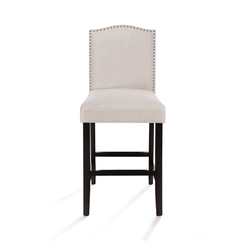 Modern Set of 2 Bar Stools with Leather Cushioned Backrests, Nailhead Trim, Solid Wood Legs for Dining Room Living Room Bar