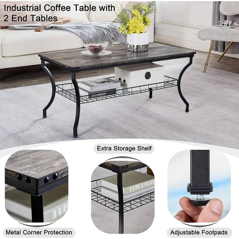VECELO Mid Cectury 3-pieces Coffee Table Set, 3-Piece Living Room Table Set(Set of 3)