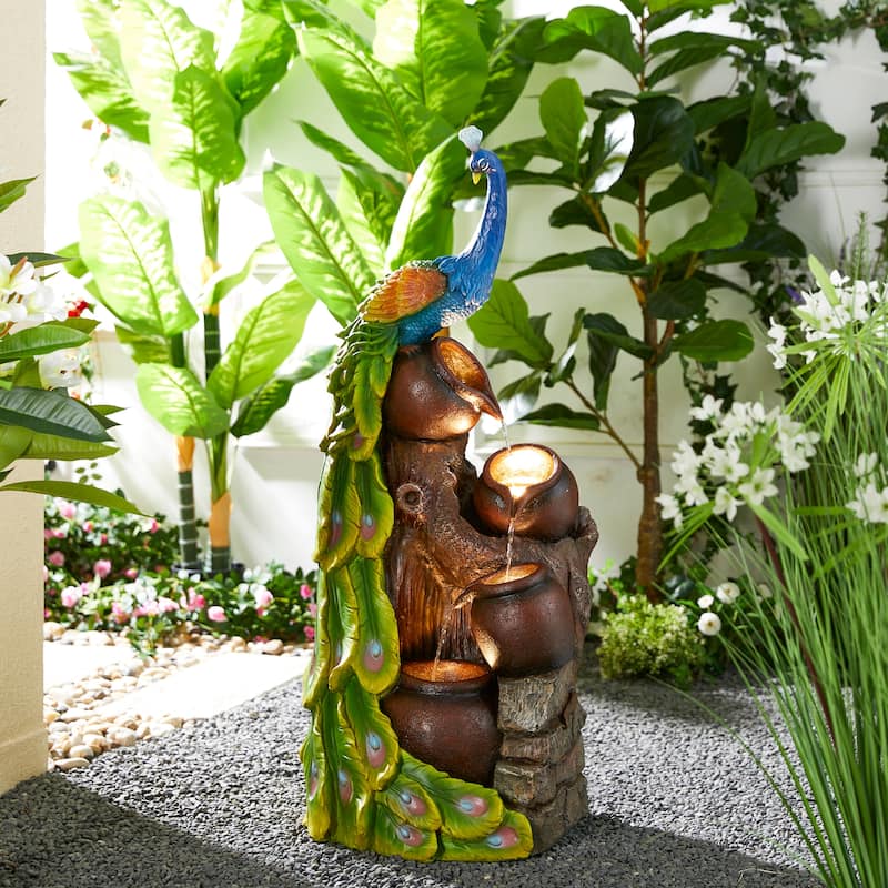 Glitzhome 40"H Oversized 4-Tier Peacock Jars Polyresin LED Lighted Outdoor Floor Fountain