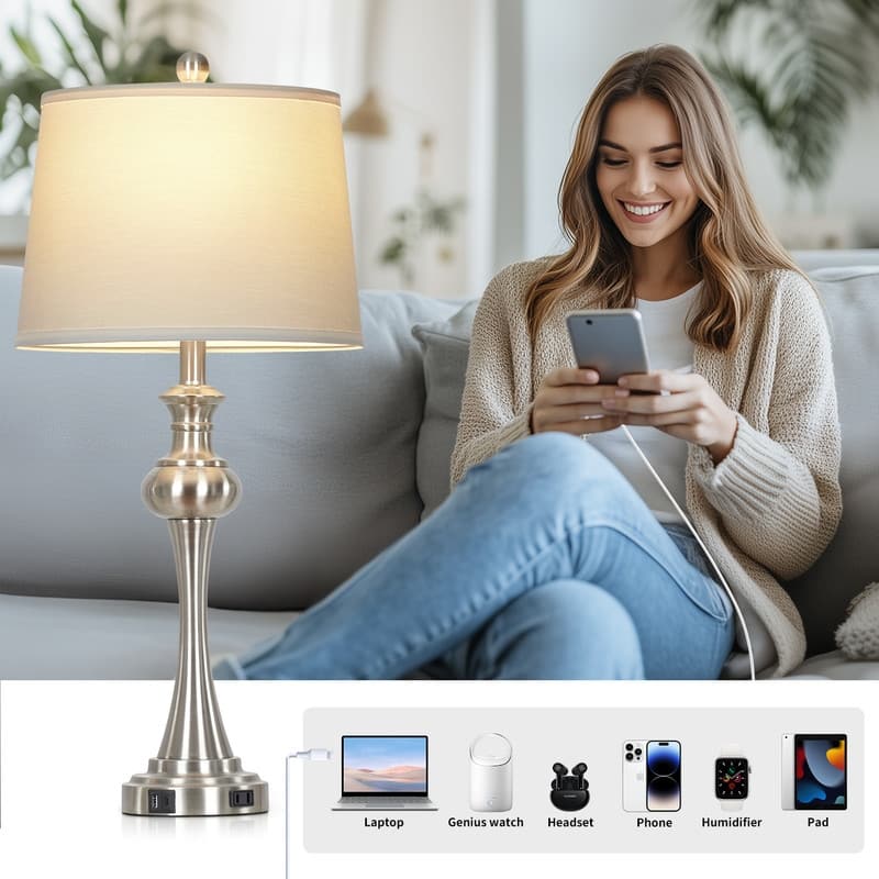 28.75'' Modern Metal Table Lamp with USB-C Charging & AC Outlet Dimmable LED(Set of 2) - 13'' x 13'' x 28.75''