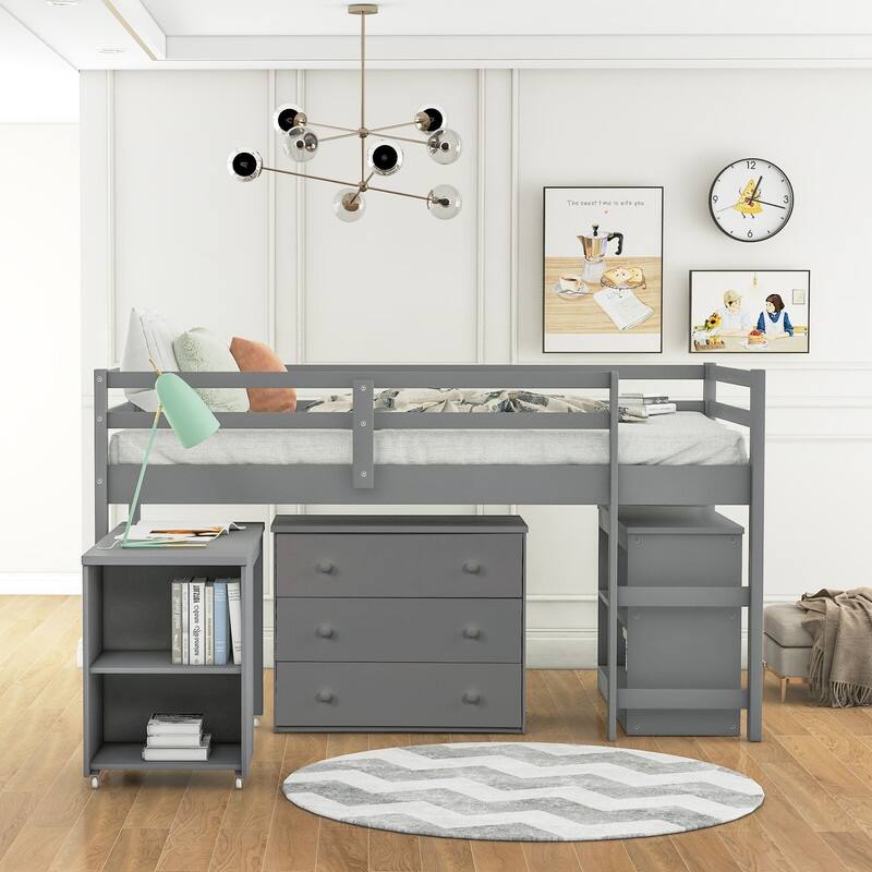 Twin Size Low Loft Bed with Cabinet and Rolling Portable Desk