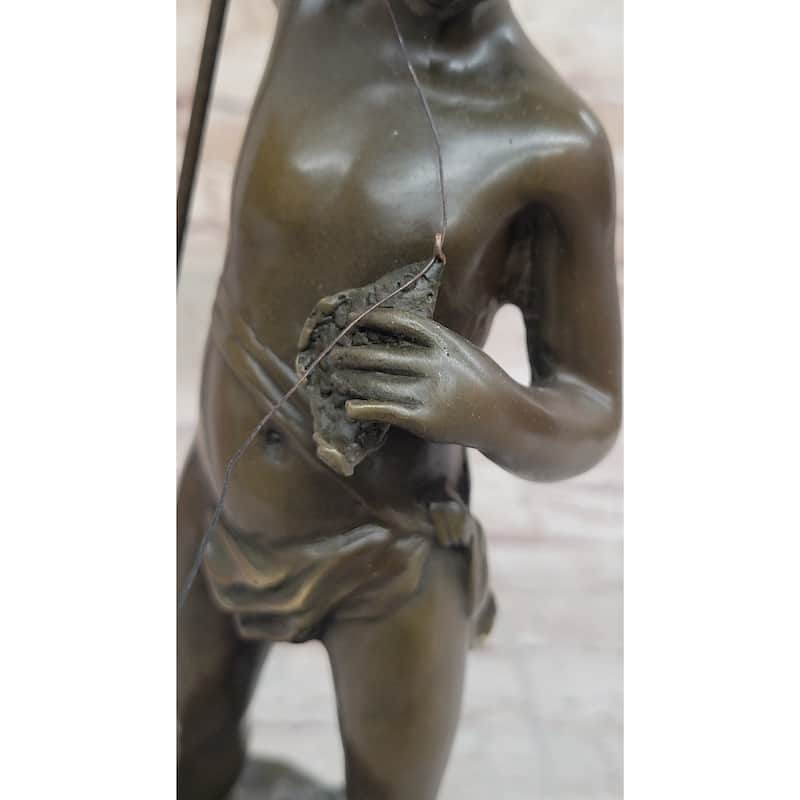 Young Boy Child Imitative Fishing - Bronze Sculpture Figure On Marble Base By A. Bofill