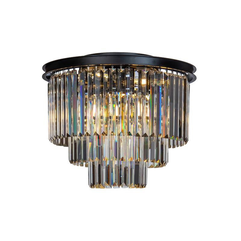 6-Lights Modern 3-Tier Round Fringe Crystal Flush Mount Light - Black