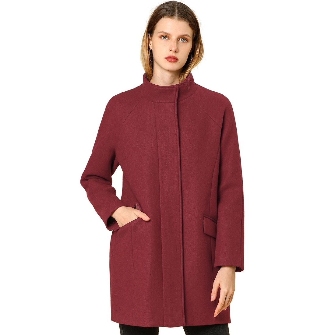 Shop Women S Stand Collar Outerwear Zip Up Long Sleeves Long Coat