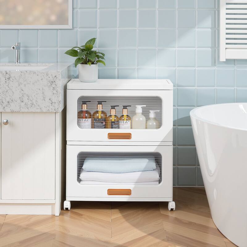 VECELO White Rolling Storage Cabinet with Transparent Doors 1/2/3-Tier Plastic Storage Bins with Wheels for Bedroom Living Room