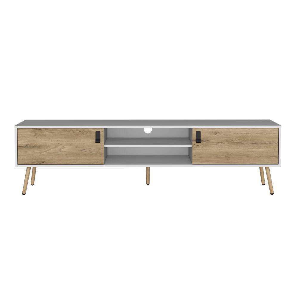 Contemporary White & Macadamia TV Stand with Two Shelves & Two Cabinets - Living Room Console