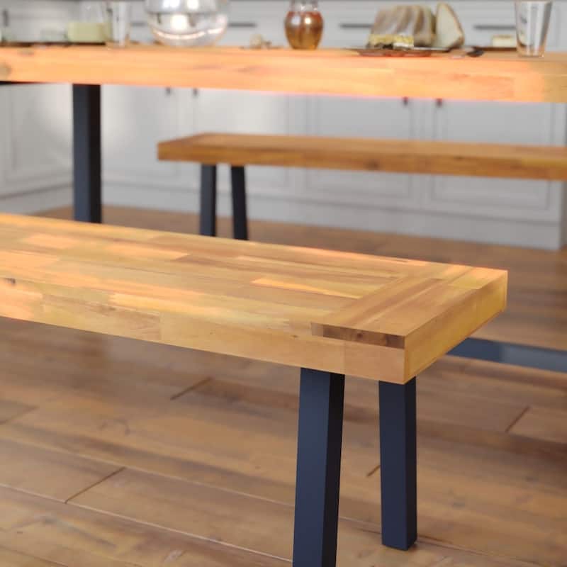 Indoor/Outdoor Solid Acacia Wood Slat Top Bench with Wood Legs