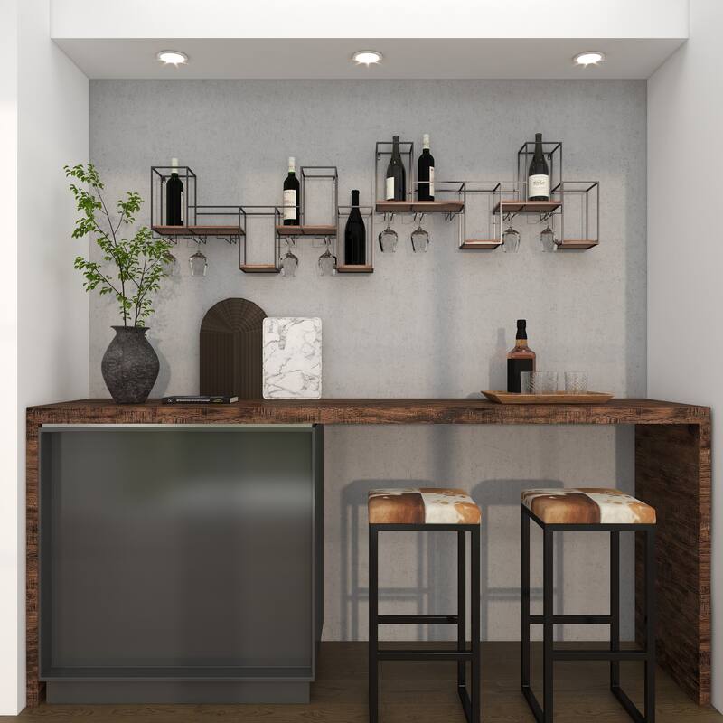 Black Metal 7 Bottle Geometric Wall Wine Rack with 5 Glass Holder Slots