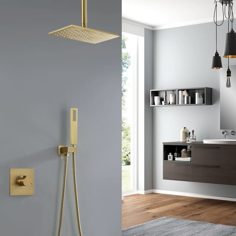 Ceiling Mount Shower System With Handheld Shower Faucet Set With Rough-in Valve Rainfall Modern Shower Head Combo Kit Trim Set - Brushed Gold