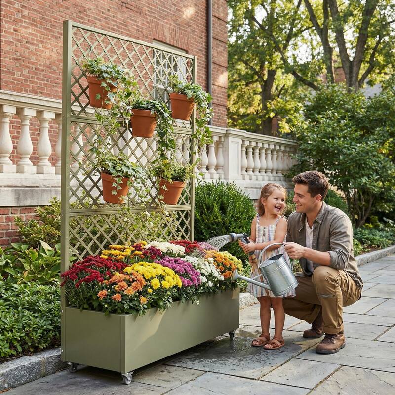 Raised Garden Bed Planter with Trellis Movable Planter Box with Lockable Wheels