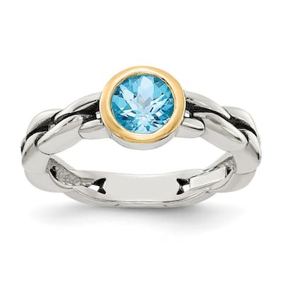 Curata 925 Sterling Silver Bezel Polished Open back 14k Yellow 6mm Round Sky Blue Topaz Ring