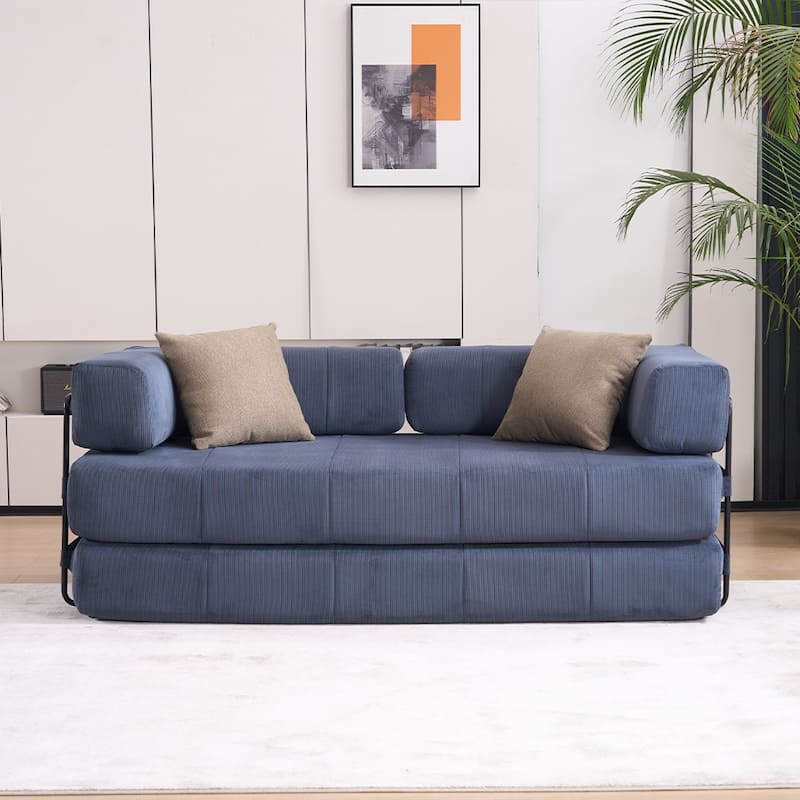78.5" Folding Sofa Bed with 2 Pillows, Convertible Foam Futon Couch, Corduroy Fold-Out Couch for Living Room, Office - Blue