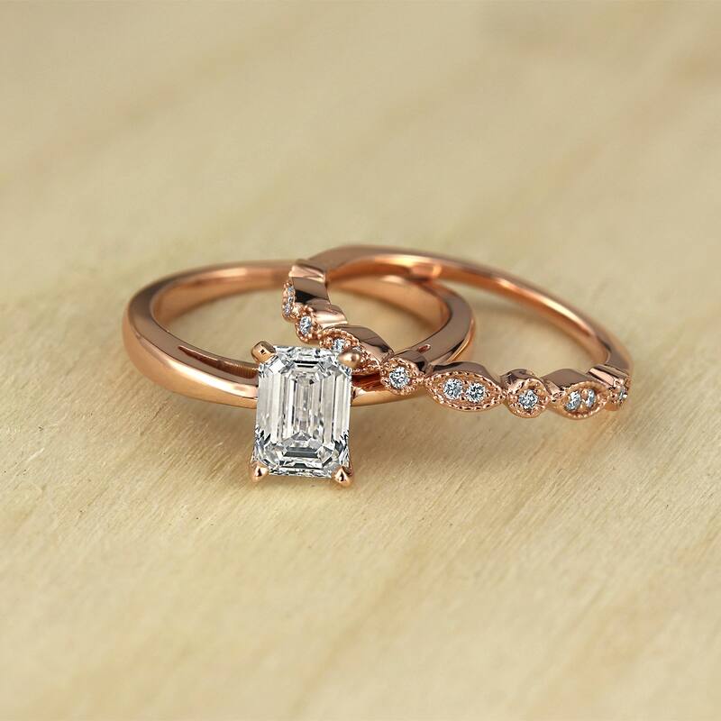 Auriya 14k Gold 1 1/6ctw Vintage Emerald-cut Solitaire Diamond Engagement Ring Set