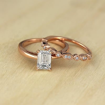 Auriya 14k Gold 1 1/6ctw Vintage Emerald-cut Solitaire Diamond Engagement Ring Set